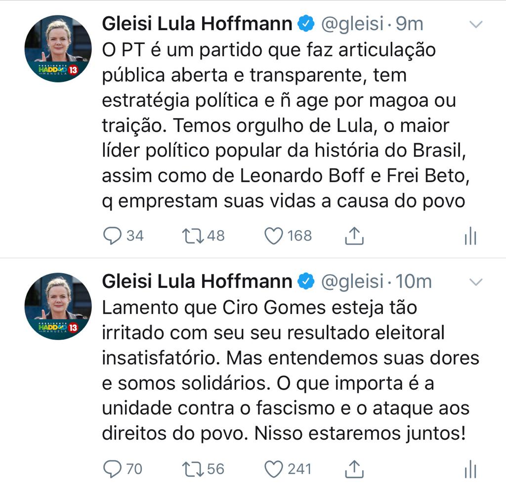 Gleisi sobre a detonada de Ciro ao PT Lula Boff e Frei Betto