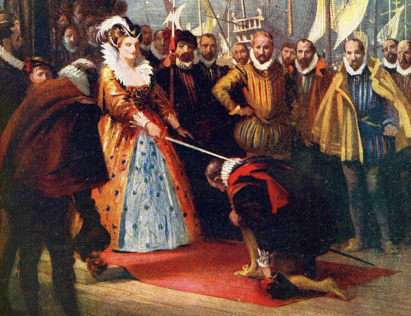 Покровительство английской королевы пирату дрейку. Посвящение в Рыцари. Королева посвящает в Рыцари.